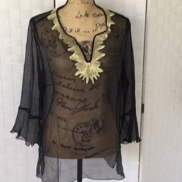WD -NY Tops - WD.NY Women’s Sheer Silk Black & Gold Blouse Sz 10 hand wash #259##